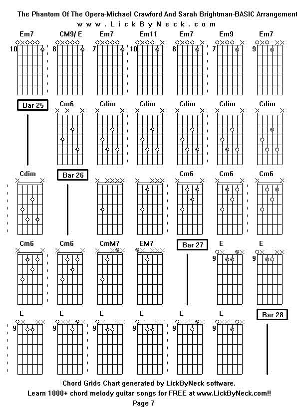 Chord Grids Chart of chord melody fingerstyle guitar song-The Phantom Of The Opera-Michael Crawford And Sarah Brightman-BASIC Arrangement,generated by LickByNeck software.